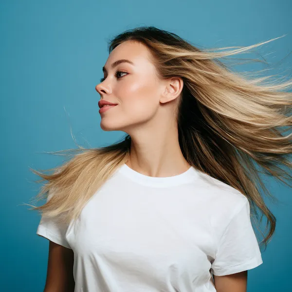 Junge Frau mit langen, blond balayage Haaren in Bewegung vor blauem Hintergrund – natürliche Haarverlängerung mit Extensions