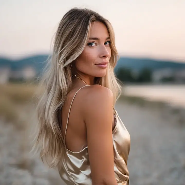 Junge Frau mit langen blond balayage gewellten Haaren am Strand – natürliche Haarverlängerung mit Echthaar-Extensions