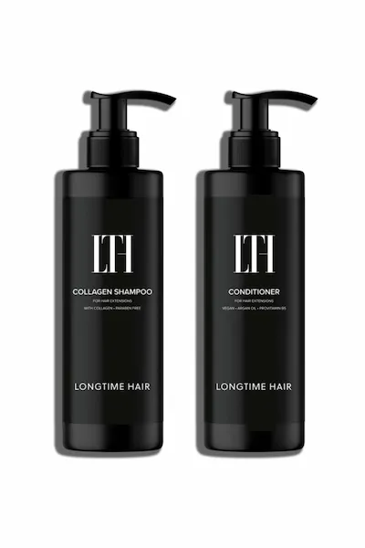 LONGTIME HAIR Pflegeset für Extensions mit Collagen Shampoo und Conditioner in schwarzen Pumpflaschen