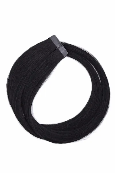 Tape Extensions aus Remy Echthaar in Schwarz, 45 cm Länge – glatte Strähnen für Haarverlängerung im Salon